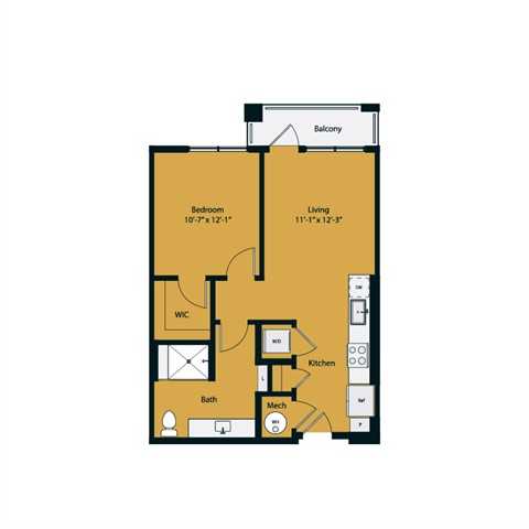 Floor plan for 1 bed, 1 bath, 653 sqft